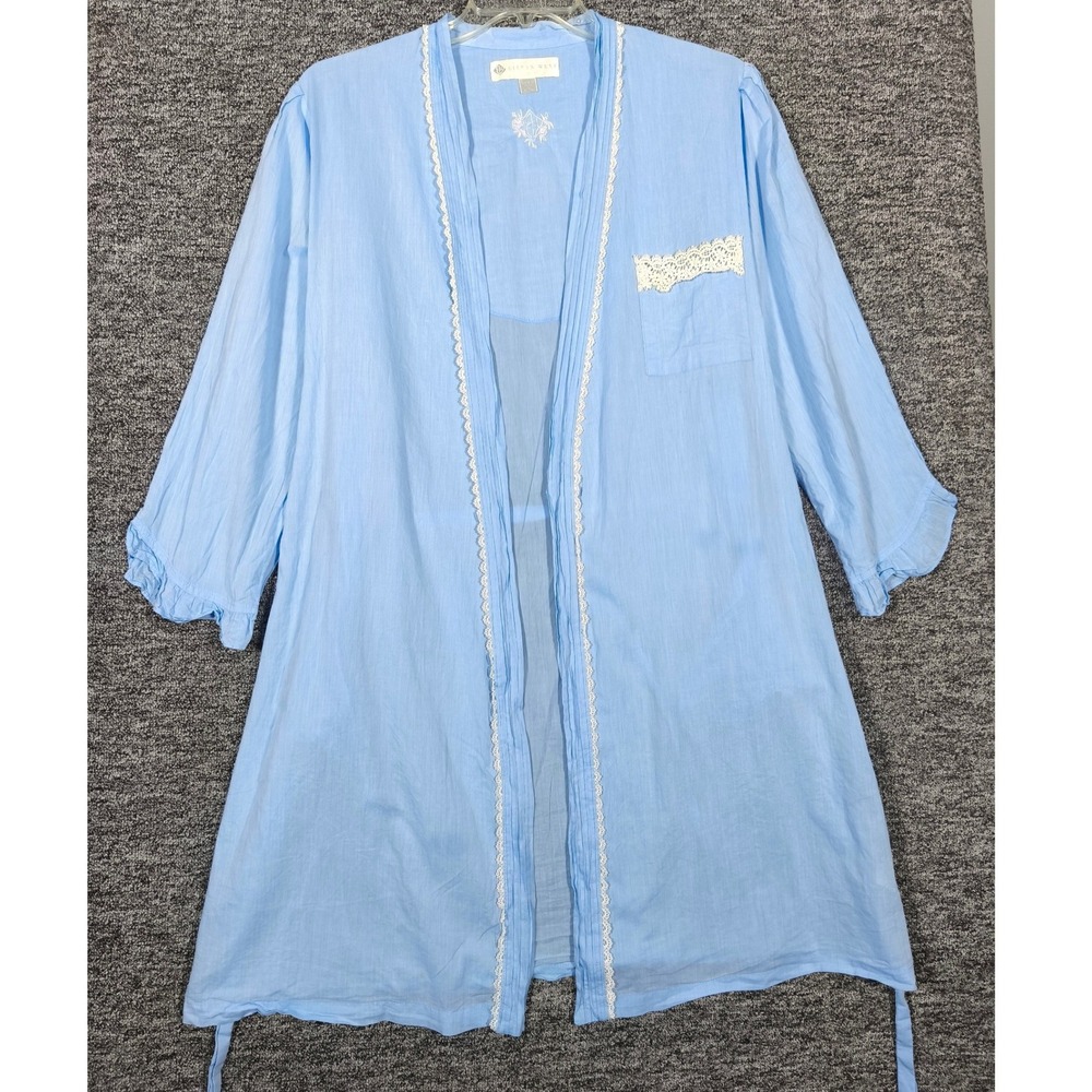 Eileen West Womens Blue Cotton Lawn Lace Trim Belted Robe L/XL Loungewear - Picture 2 of 10